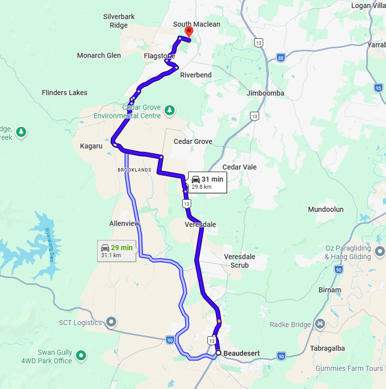 Map with a blue route line indicating a journey from Beaudesert to flagstone graceful elegance location