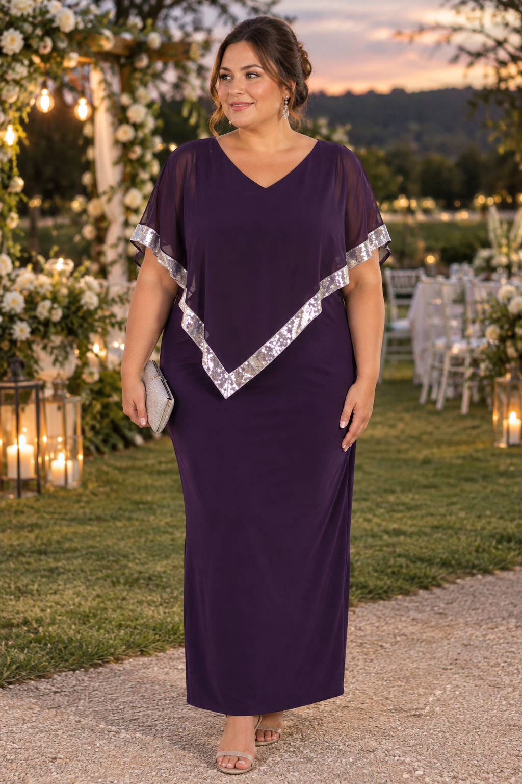 Deep purple plus size mother of the bride dress with cape top.