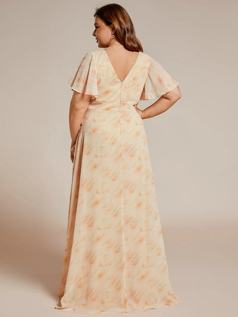 Apricot Floral plus sized bridesmaid or mother of the bride dress with high low ruffle and chiffon.