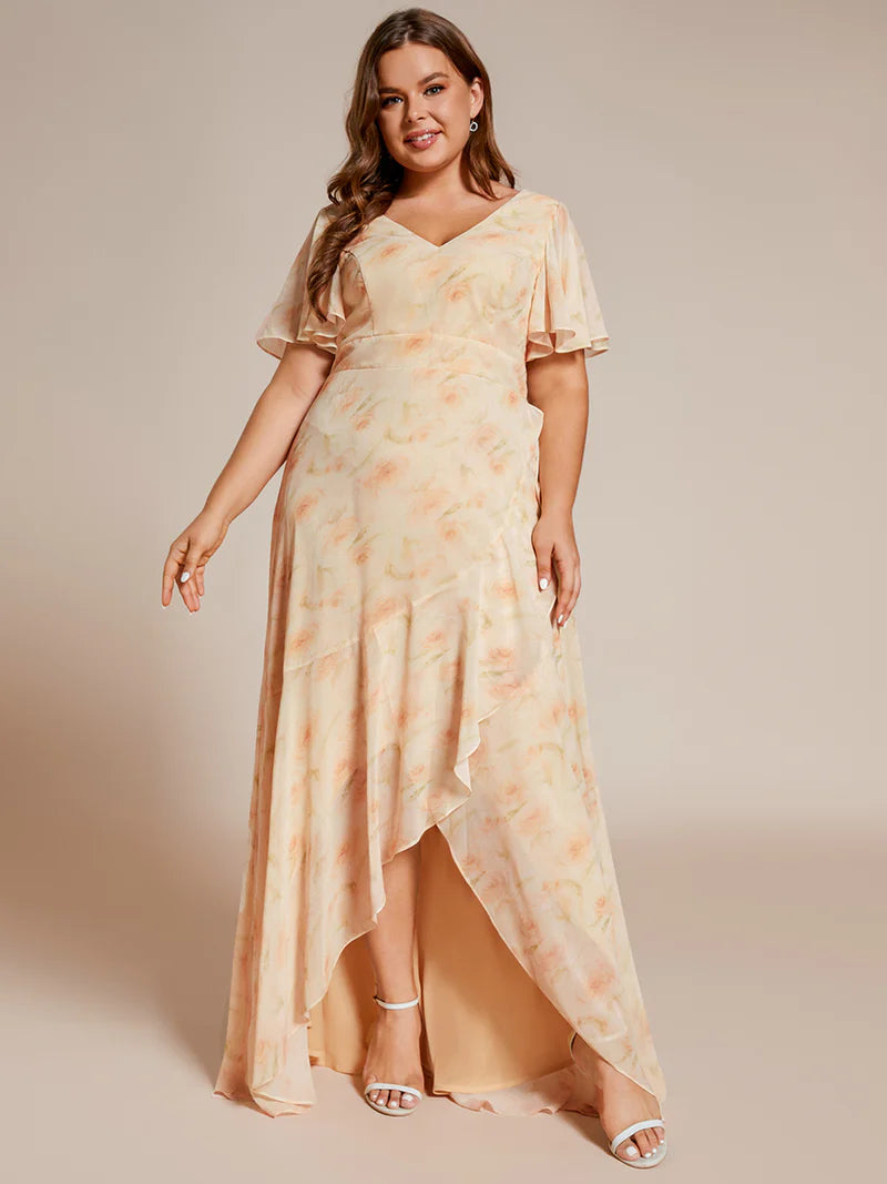 Apricot Floral plus sized bridesmaid or mother of the bride dress with high low ruffle and chiffon.