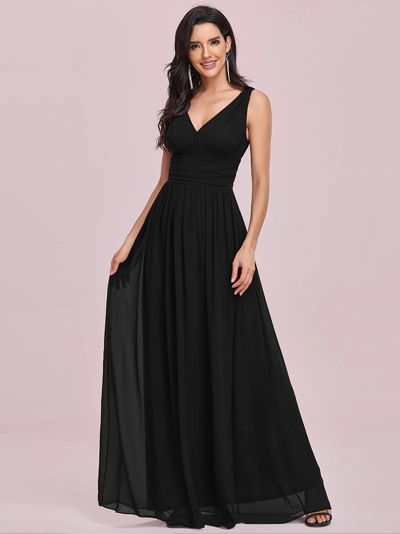 Black bridesmaid dress with double v-neck and chiffon.