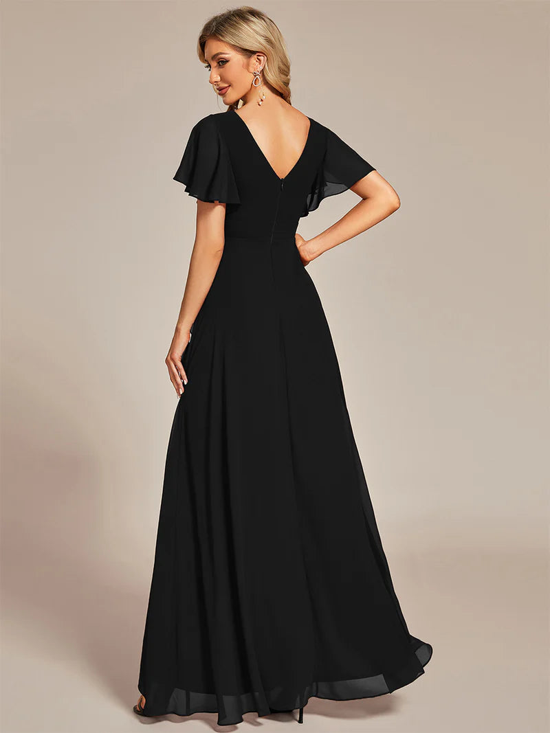 Black bridesmaid dress with high low ruffle and chiffon.
