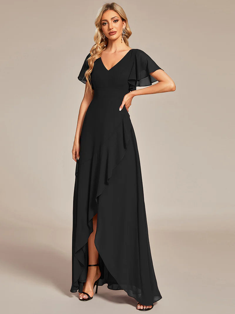 Black bridesmaid dress with high low ruffle and chiffon.