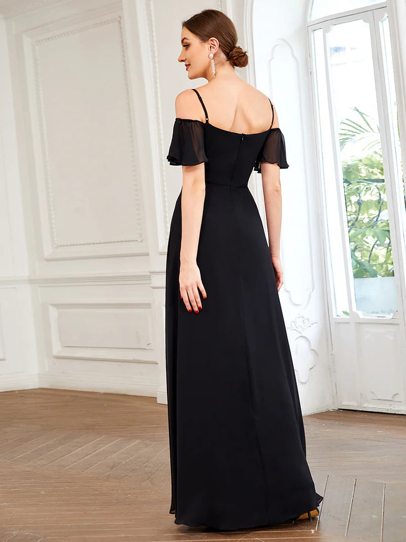 Black bridesmaid dress, off shoulder chiffon.
