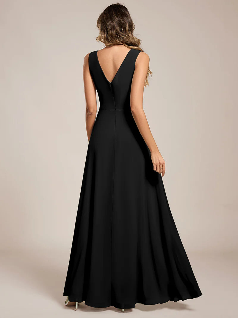 Black bridesmaid dress, sleeveless A-line chiffon dress with split.