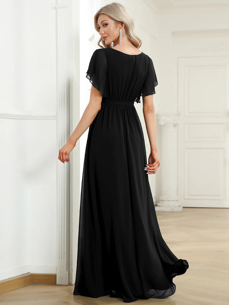 Black bridesmaid dress with v-neck and a-line.