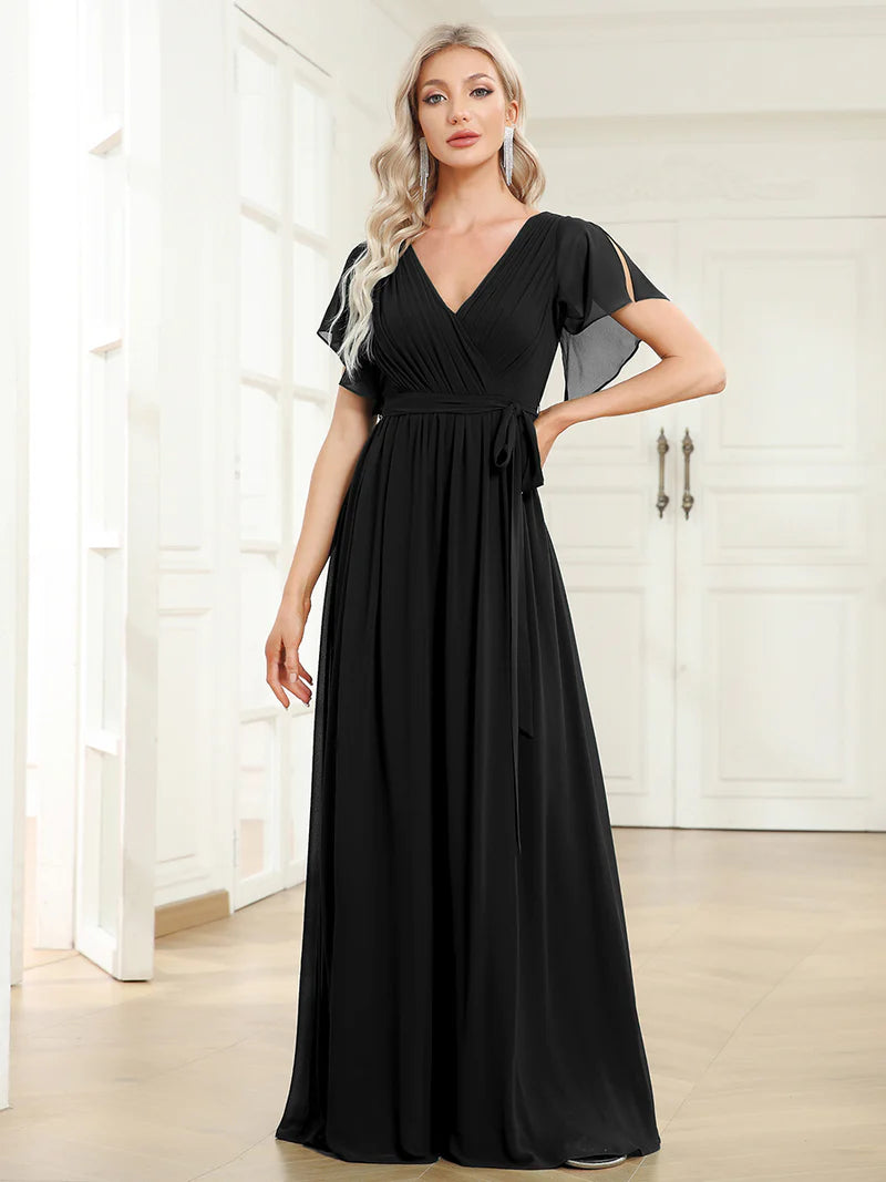 Black bridesmaid dress with v-neck and a-line.
