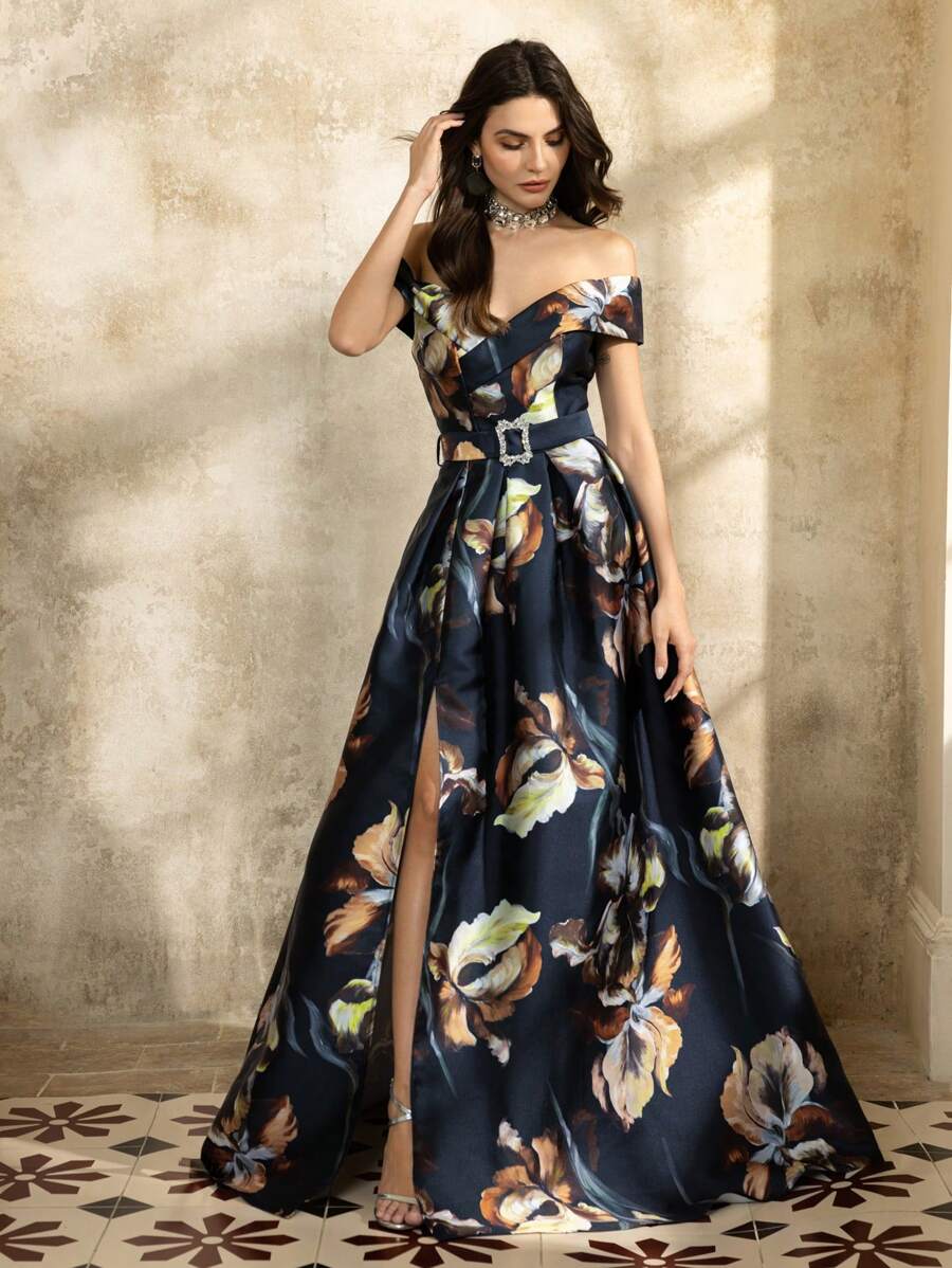 Black floral formal dress with off shoulder sleeve and front split.