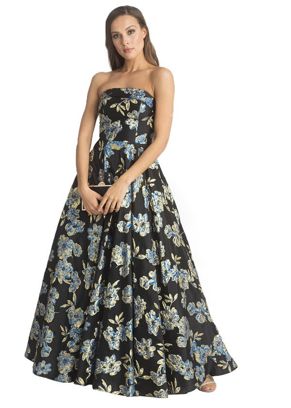 Floral brocade strapless plus size formal dress in vibrant blue gold & black.