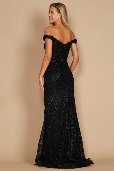 Black formal dress in lace and satin with an off shoulder style and mermaid tail.