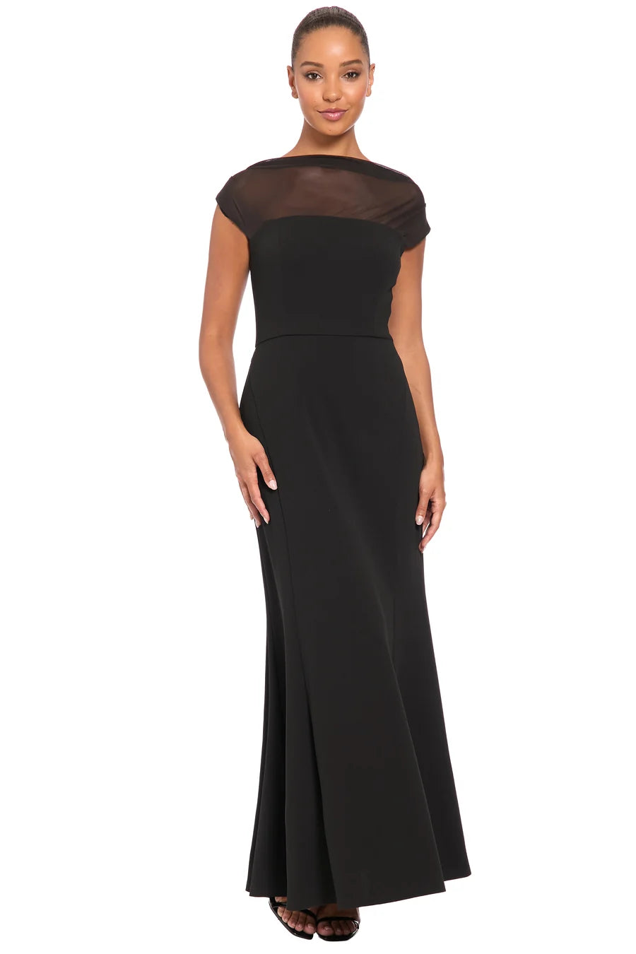 Black formal dress with mesh panel across the top.