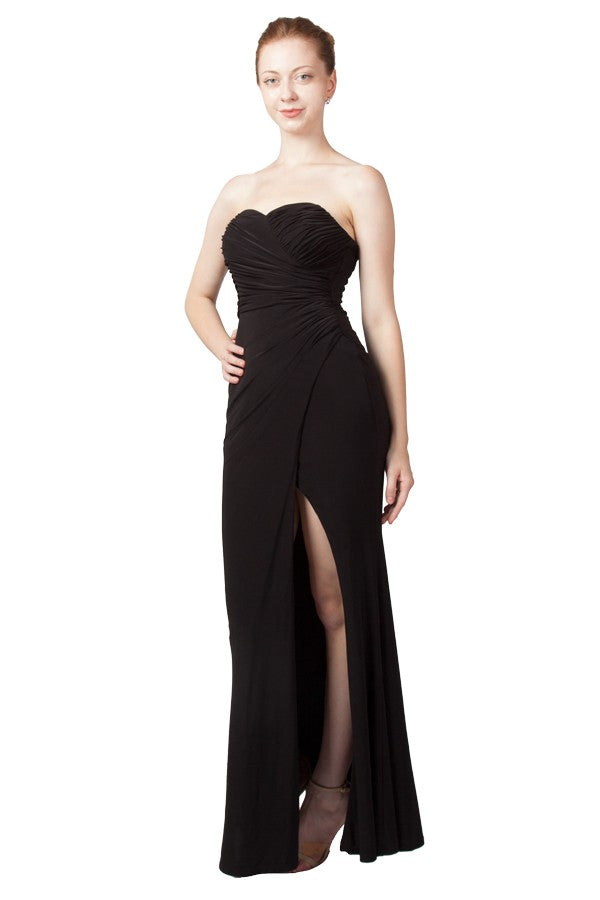 Black strapless forma dress with split.
