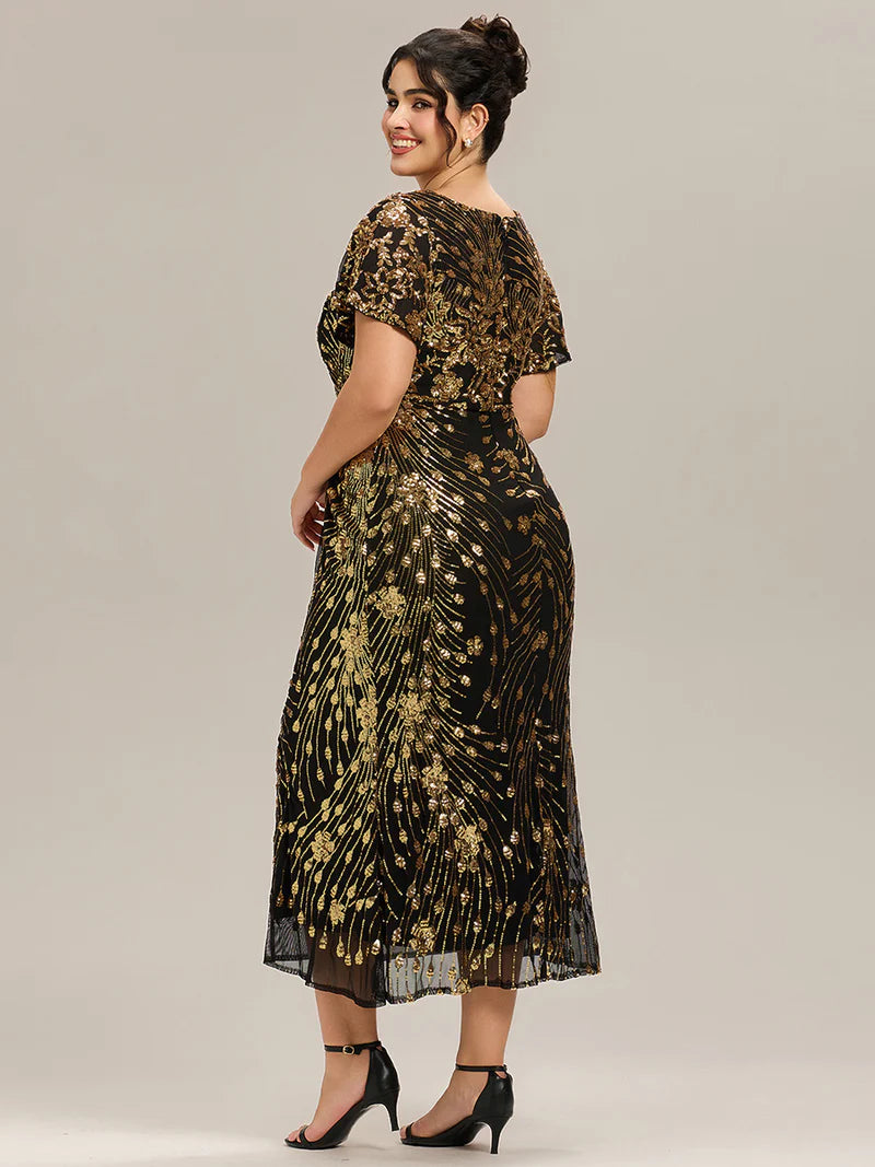 Black & Gold mother of the bride plus size midi dress.