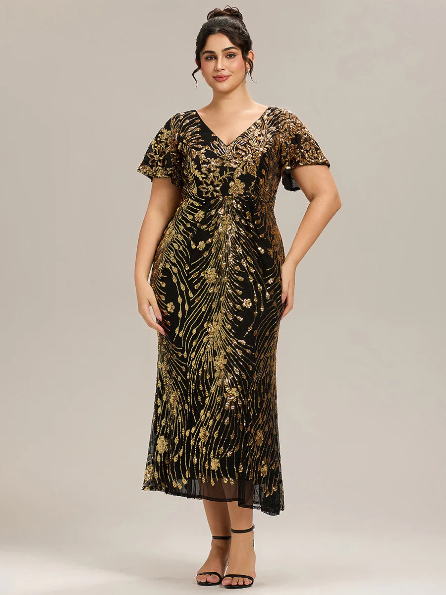 Black & Gold mother of the bride plus size midi dress.