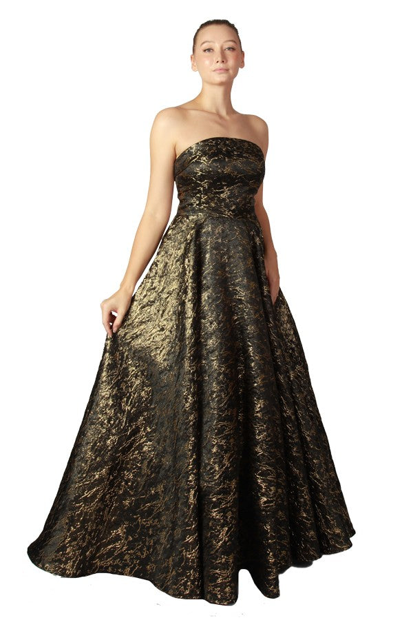 Black & Gold strapless plus size formal dress.