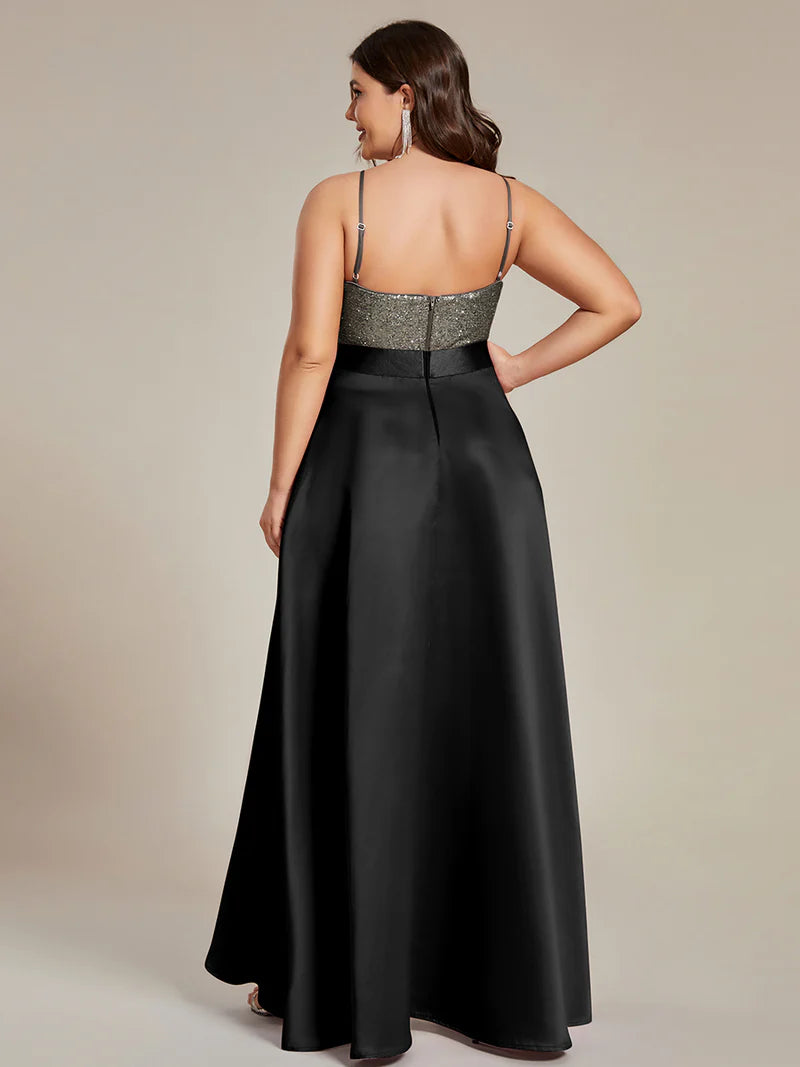 Black plus size hi low sleeveless satin formal or mother of the bride dress with bodice detailing.