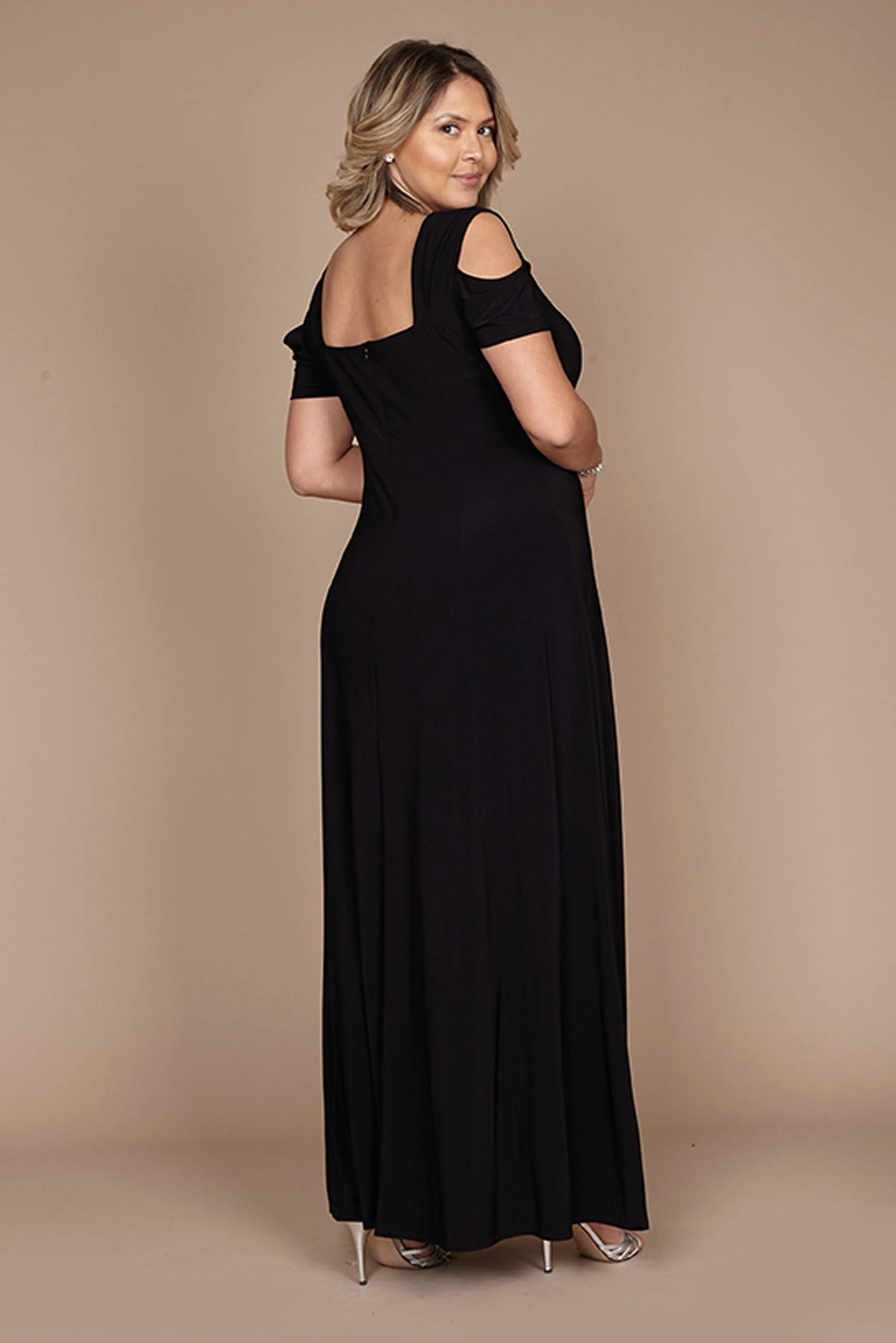 Black cold shoulder formal dress with diamante detail.