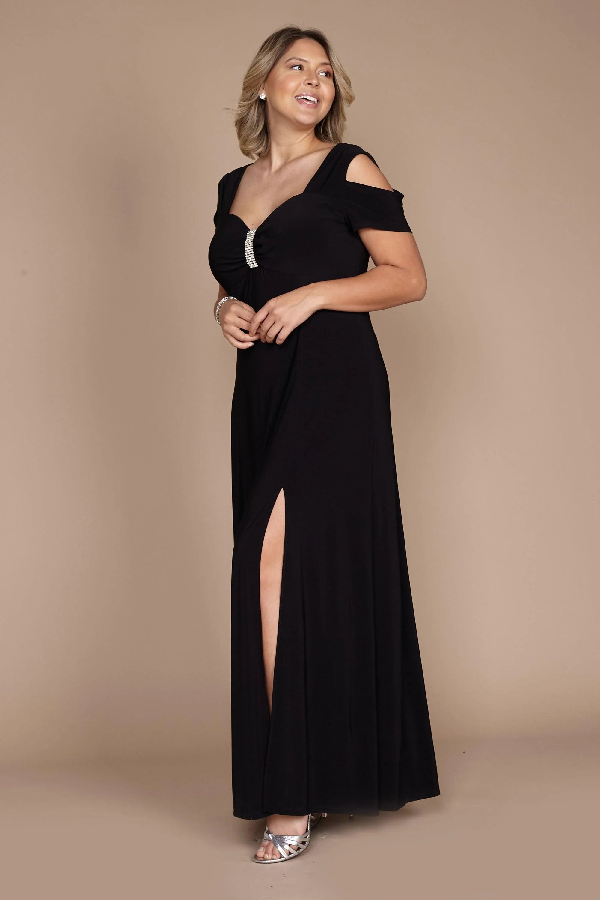 Black cold shoulder formal dress with diamante detail.