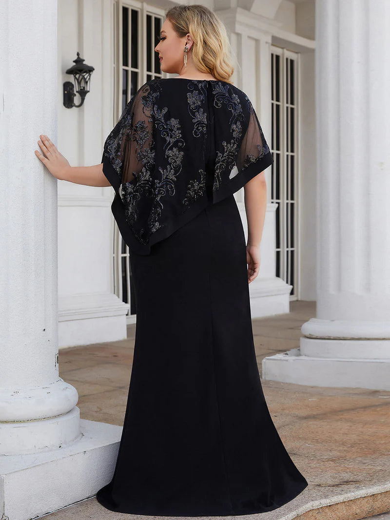 Black mother of the bride plus size dress with lace sequin overlay.