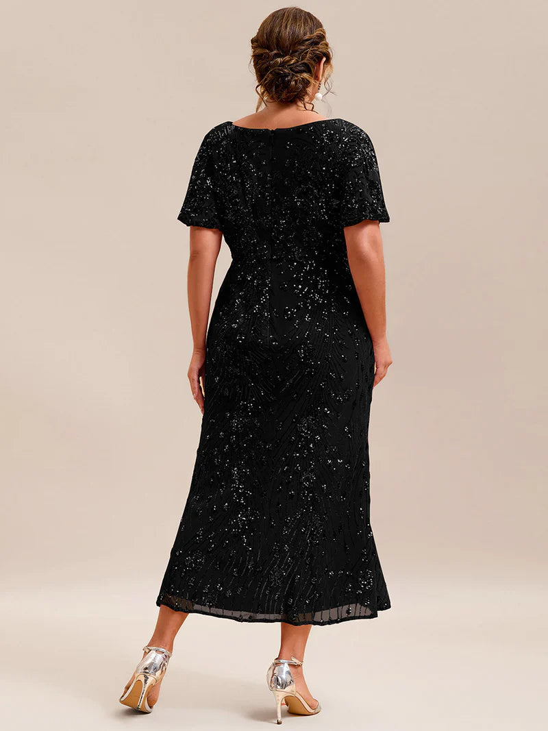 Black mother of the bride plus size midi dress.