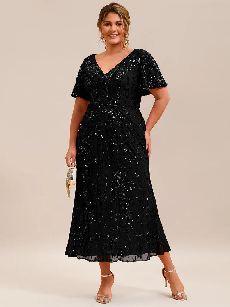 Black mother of the bride plus size midi dress.
