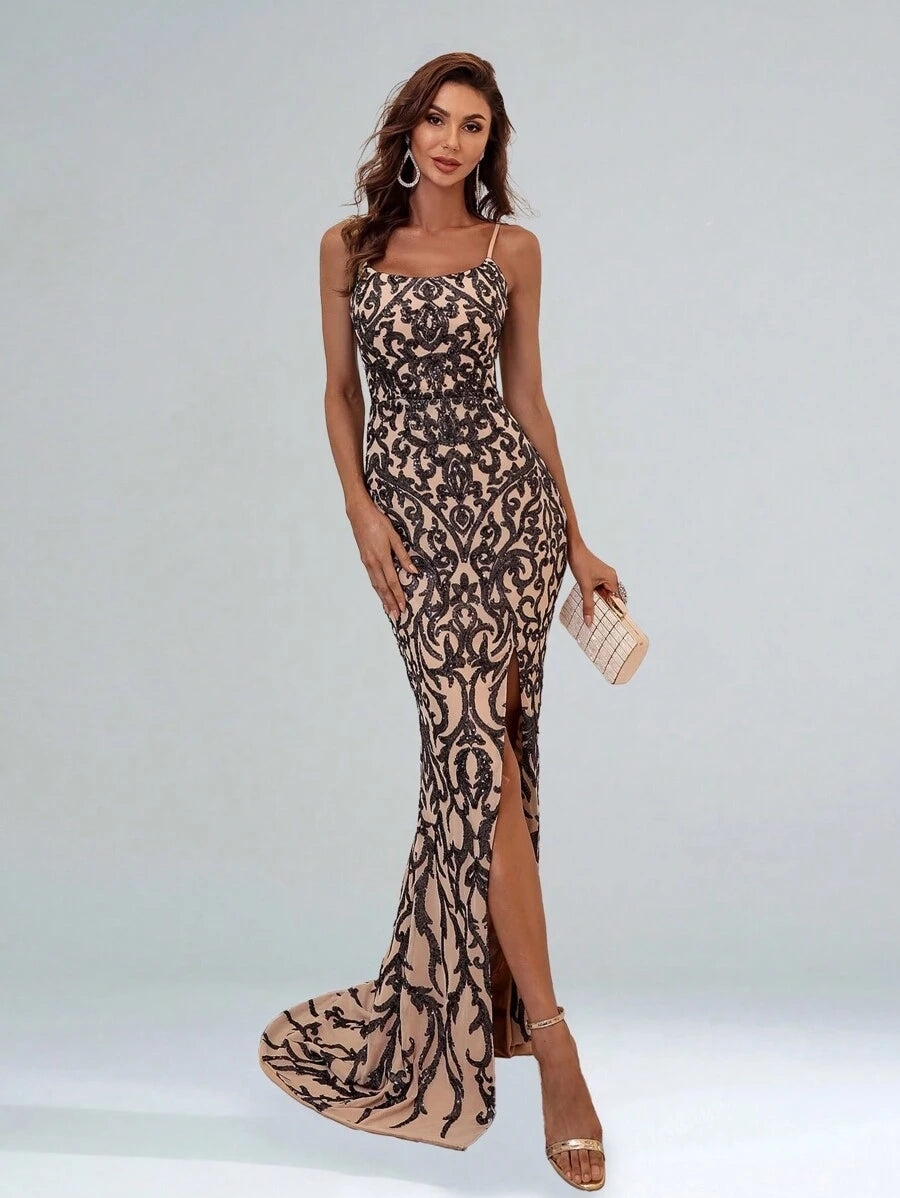 Black and nude formal sequin spaghetti strap dress with split.