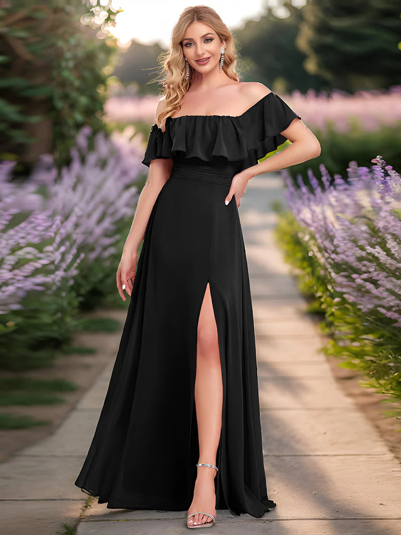 Black off shoulder chiffon formal dress.