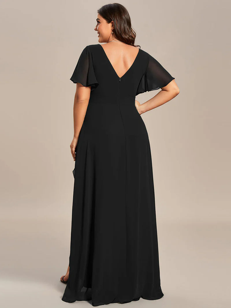 Black plus sized bridesmaid dress with high low ruffle and chiffon.