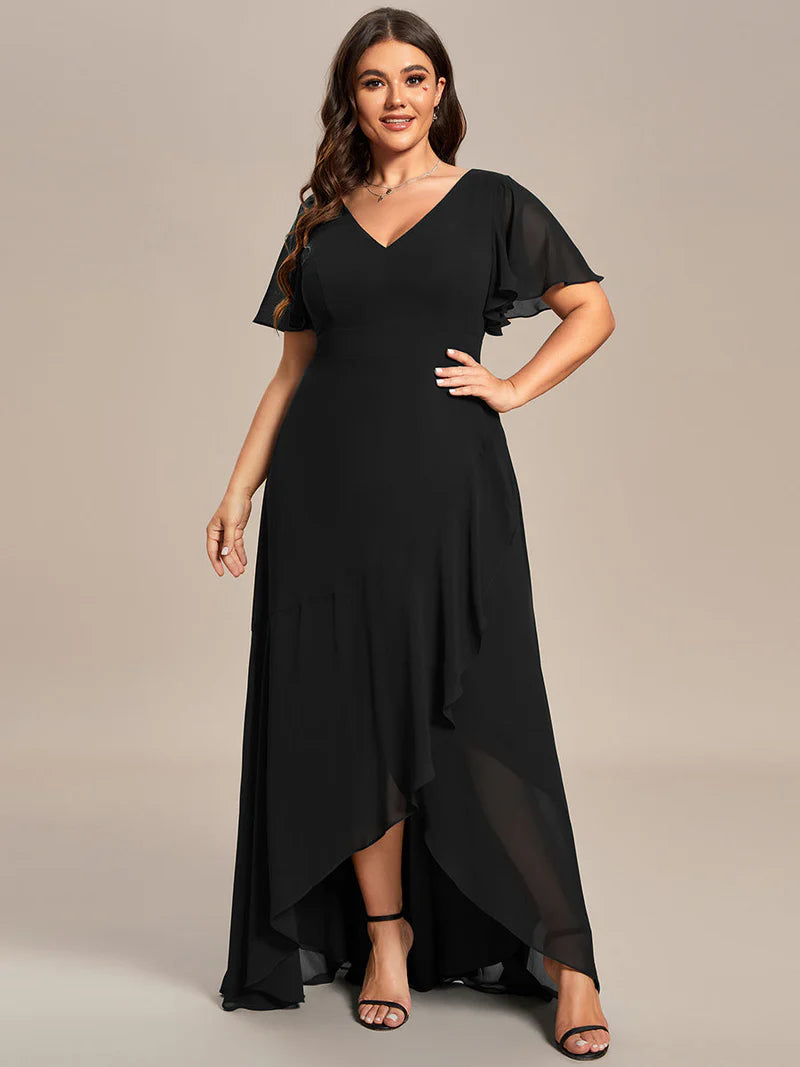 Black plus sized bridesmaid dress with high low ruffle and chiffon.