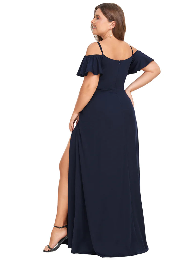 Black plus sized bridesmaid dress, off shoulder chiffon.