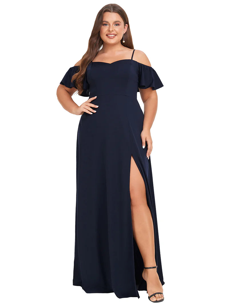 Black plus sized bridesmaid dress, off shoulder chiffon.
