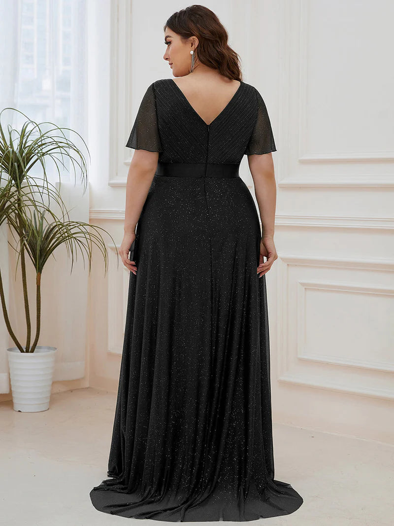 Black shimmer plus size formal dress with satin band.