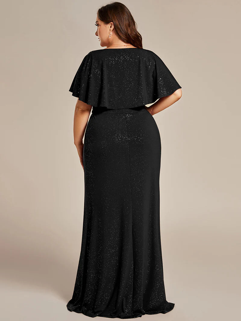 Black plus size sparkly v-neck short sleeve, maxi formal or mother of the bride dress with belt.