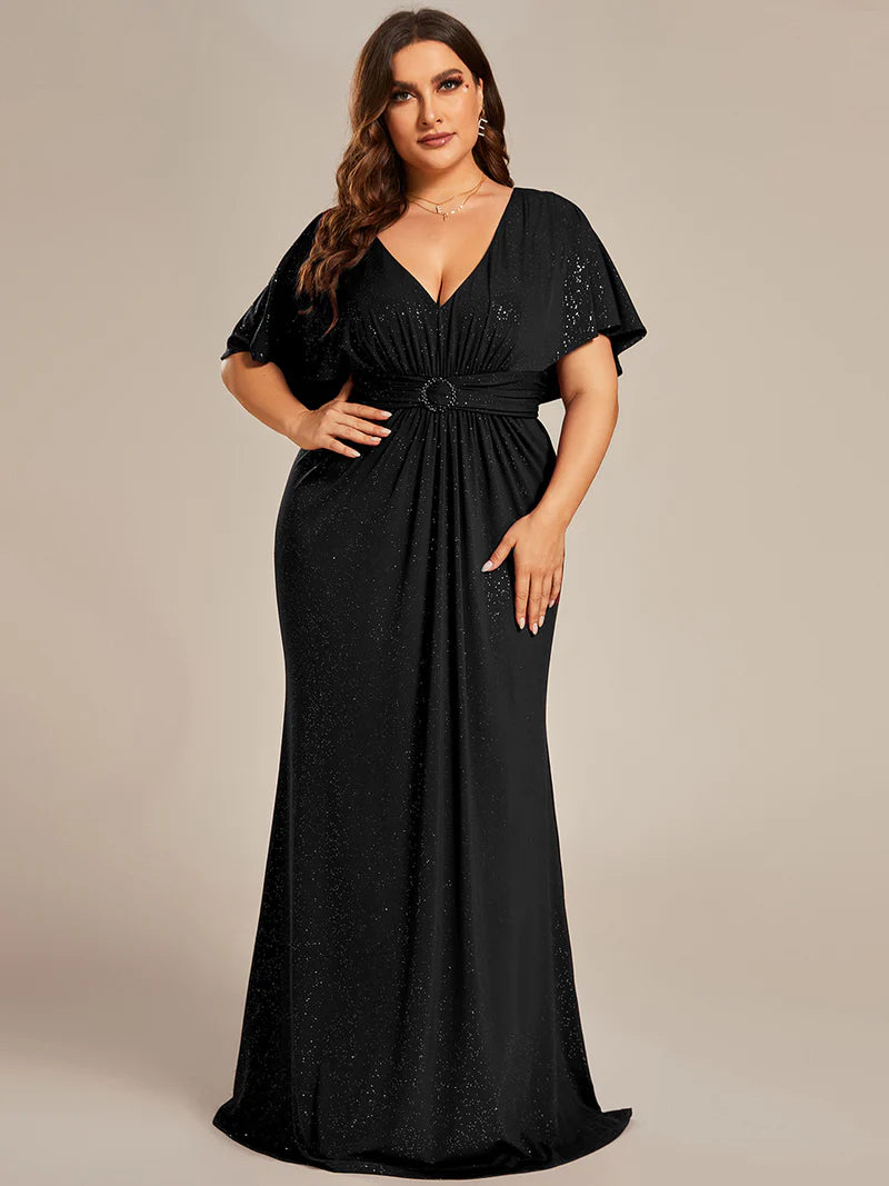 Black plus size sparkly v-neck short sleeve, maxi formal or mother of the bride dress with belt.