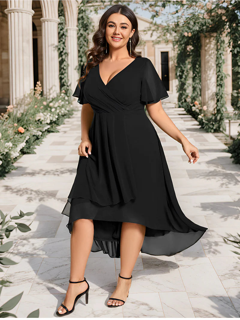 Black plus size mother of the bride chiffon midi dress.