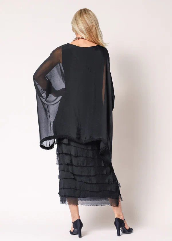 Black Italian Silk mother of the bride dress with sleeve and frayed skirt.