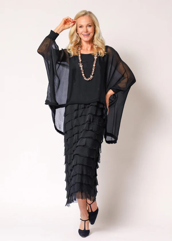 Black Italian Silk mother of the bride dress with sleeve and frayed skirt.