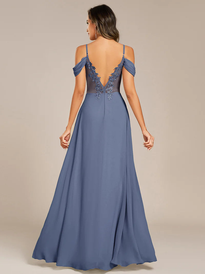 Dusty blue bridesmaid dress with a A-line and spaghetti straps.