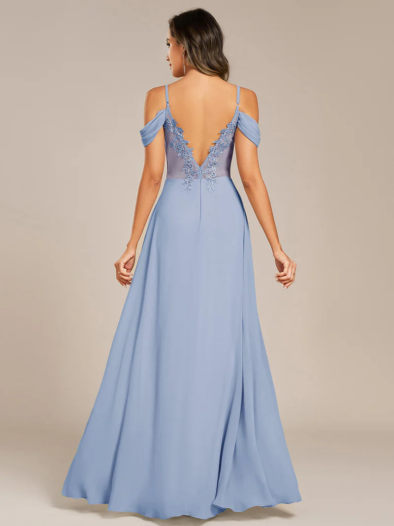 Ice blue bridesmaid dress with a A-line and spaghetti straps.