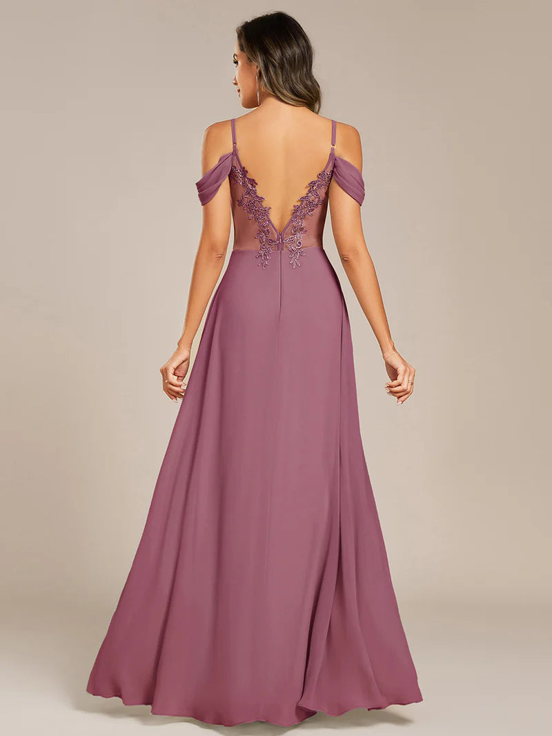Orchid bridesmaid dress with a A-line and spaghetti straps.