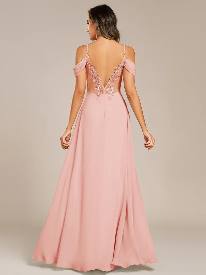 Pink bridesmaid dress with a A-line and spaghetti straps.