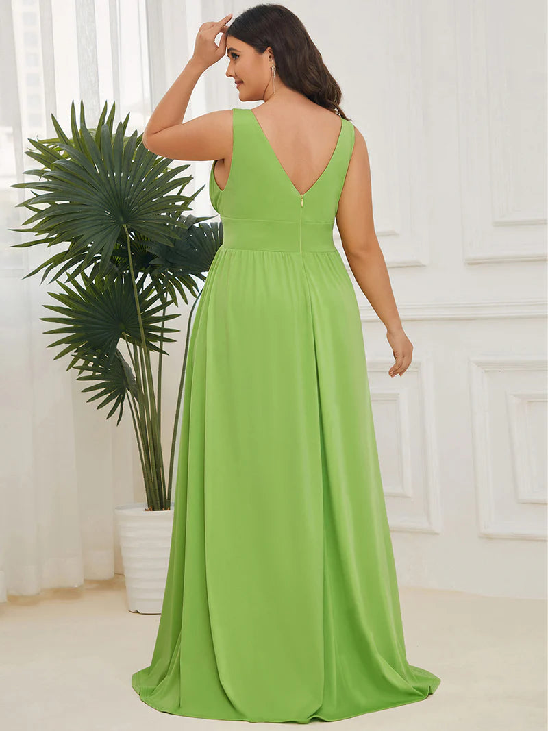 Plus sized avocado green bridesmaid dress with sleeveless and deep v-neck.
