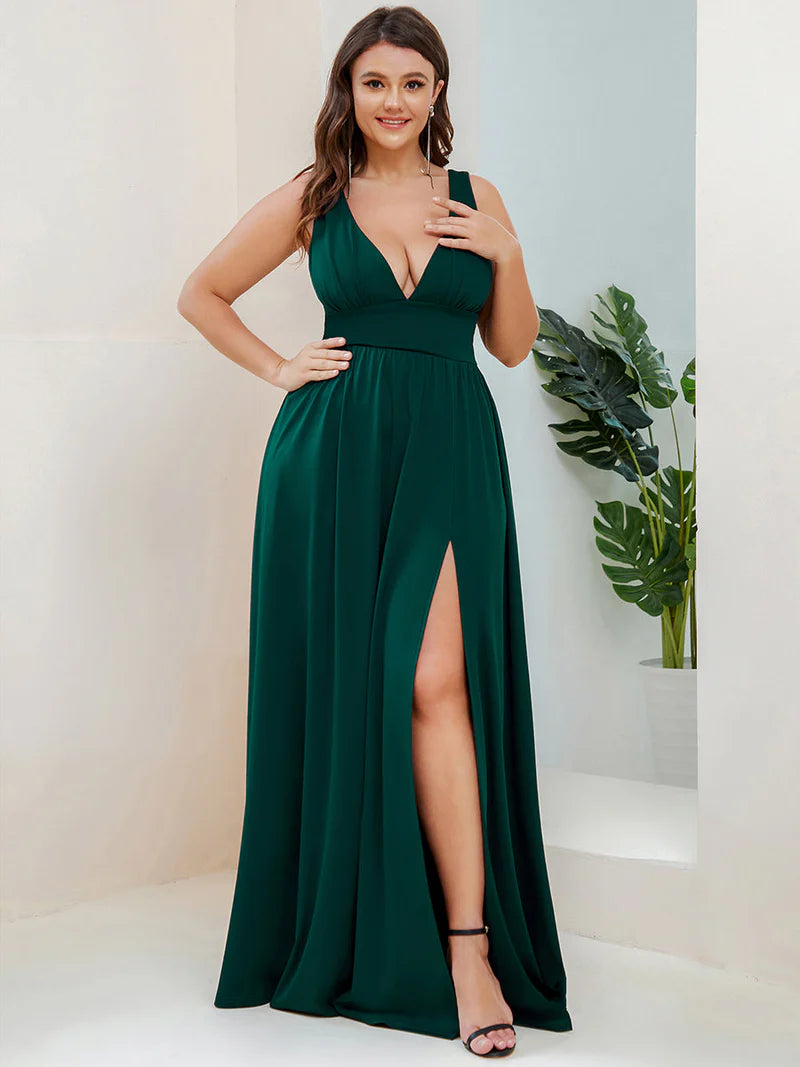 Plus sized dark green bridesmaid dress with sleeveless and deep v-neck.