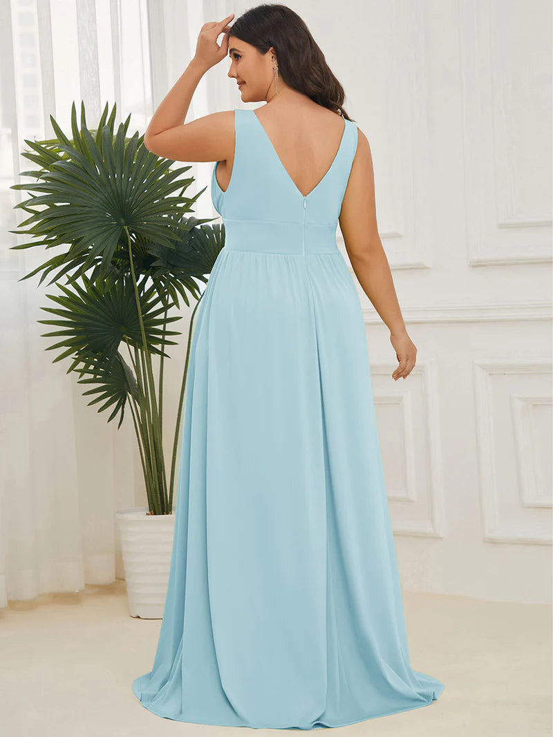 Plus sized sky blue bridesmaid dress with sleeveless and deep v-neck.