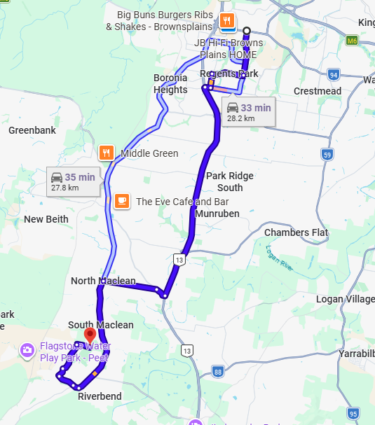 Map with a blue route line indicating a journey from Browns Plains to flagstone graceful elegance location