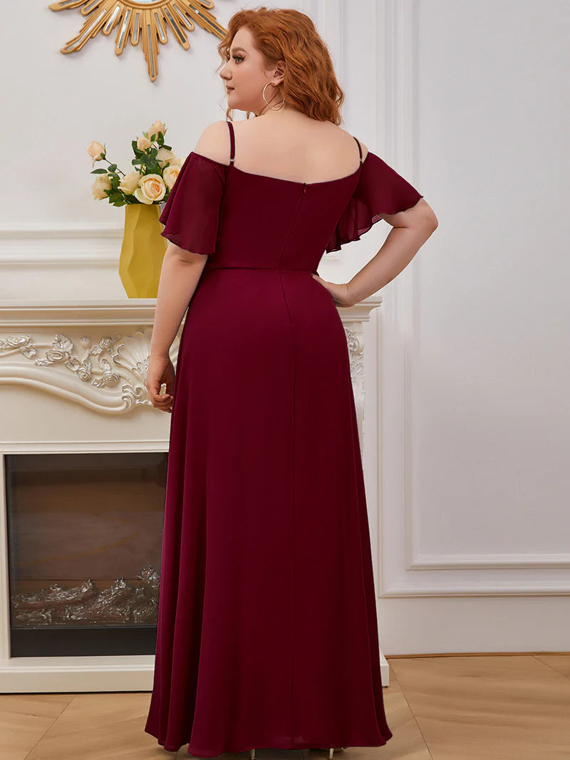 Burgundy red plus sized bridesmaid dress, off shoulder chiffon.