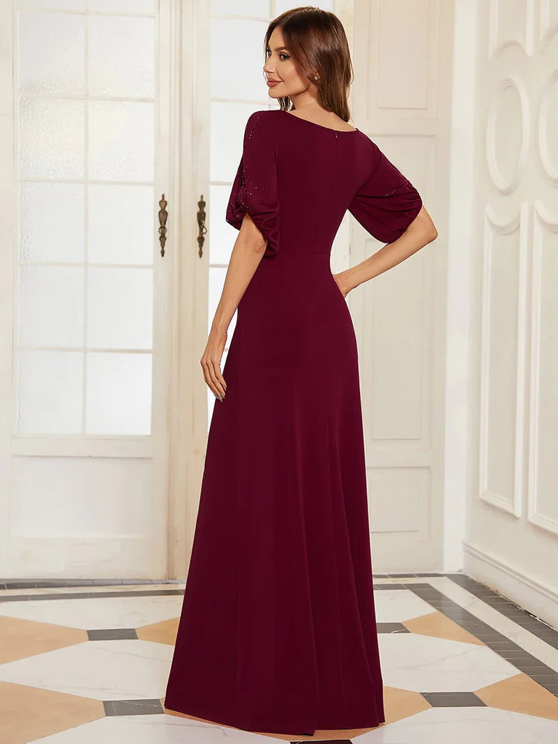 Burgundy formal dress short sleeves chiffon with silver detail.