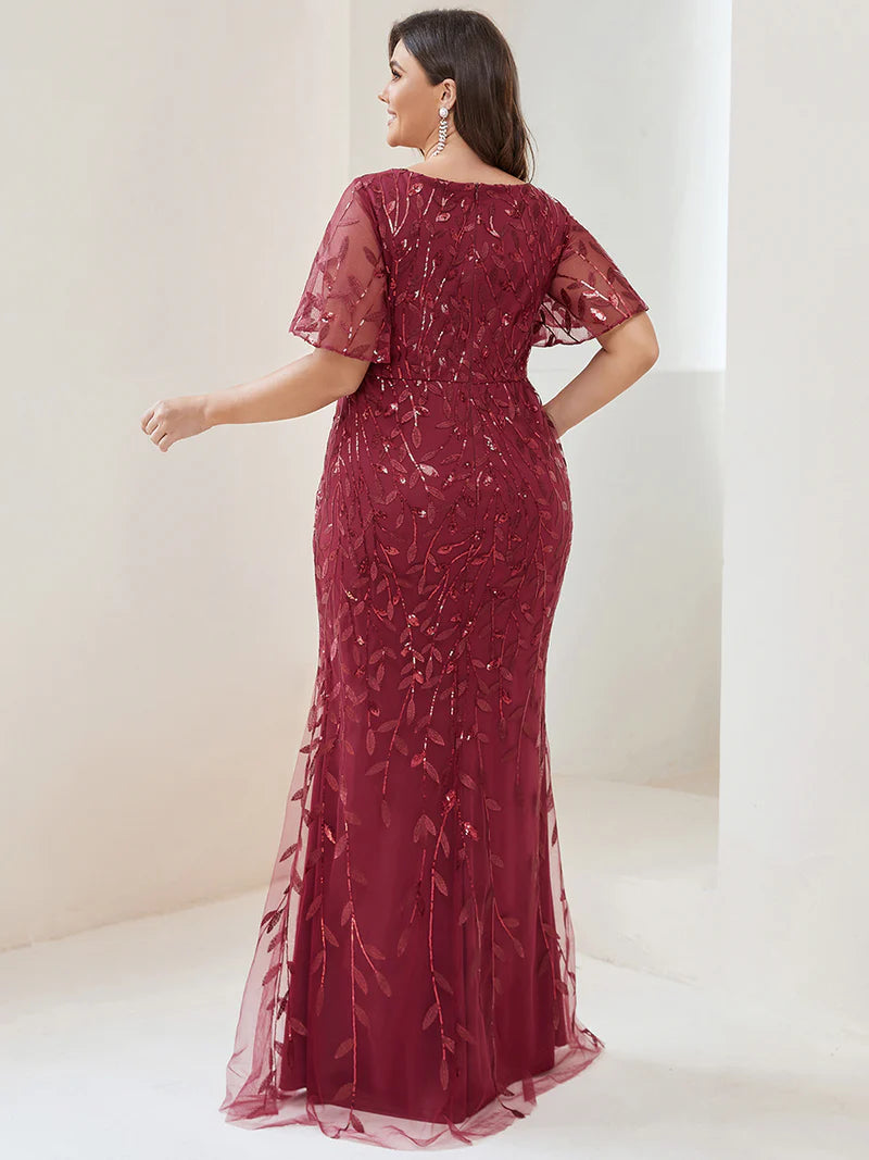 Burgundy Plus Size Mother of the bride dress with tulle, sequins and lace ruffle sleeves.