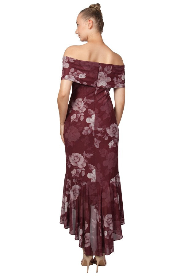 Burgundy floral mother of the bride dress, high low off shoulder style.