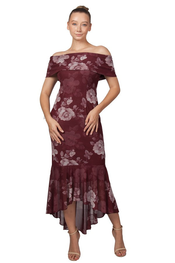 Burgundy floral mother of the bride dress, high low off shoulder style.